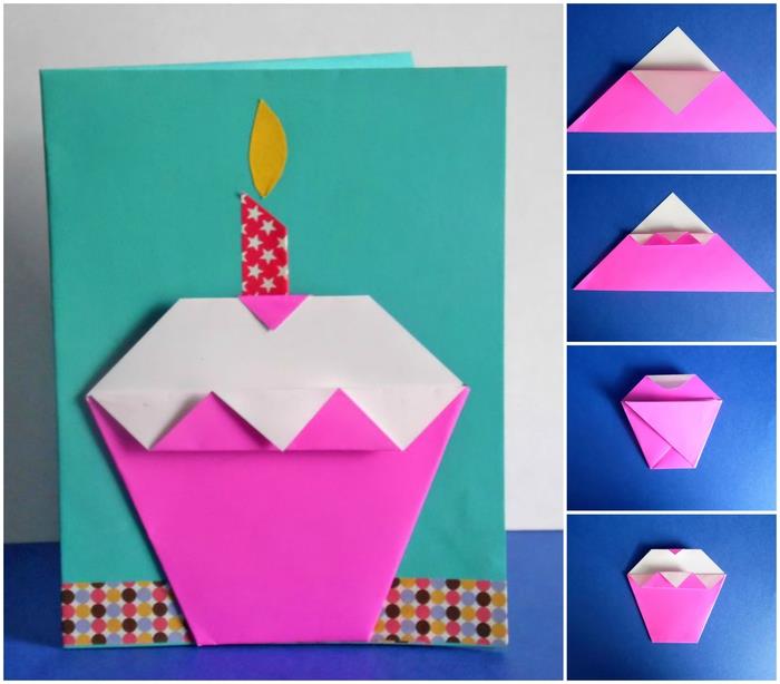 DIY origami dieťa na prispôsobenie narodeninovej karty jednoduchým origami košíčkom
