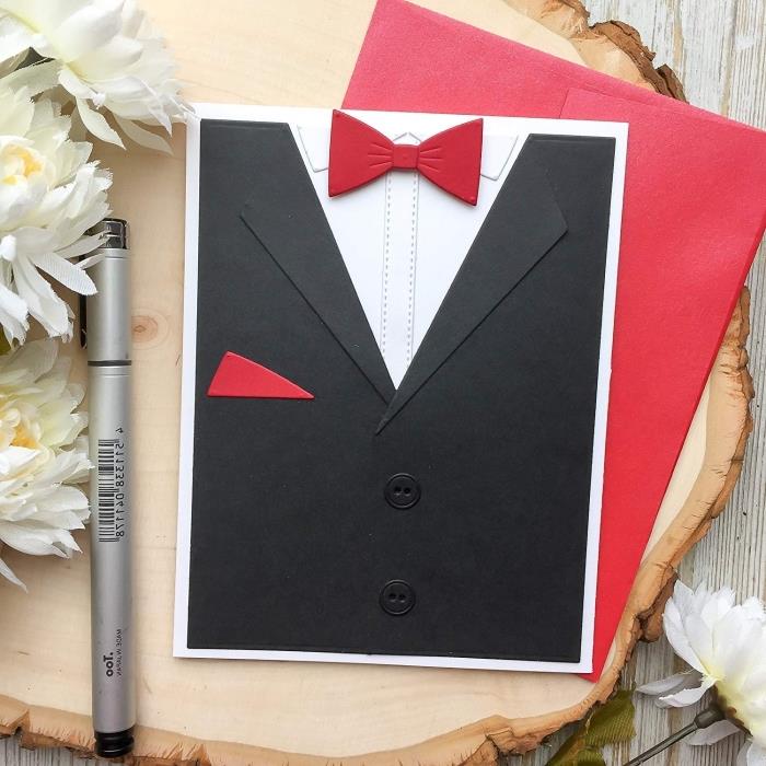 gör ett originalkort för fars dag av kartong, DIY svart smokingdesignkort med röd fjäril