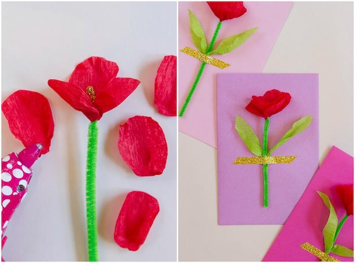 príklad, ako vyrobiť kartičku ku Dňu matiek v materskej škole s kvetom z krepového papiera a zeleným čističom na fajky
