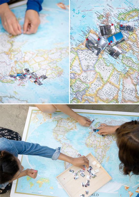 nápad, ako prispôsobiť geografickú mapu, pripnúť destinácie na cesty, kreatívnu aktivitu, ktorú si môžete urobiť sami