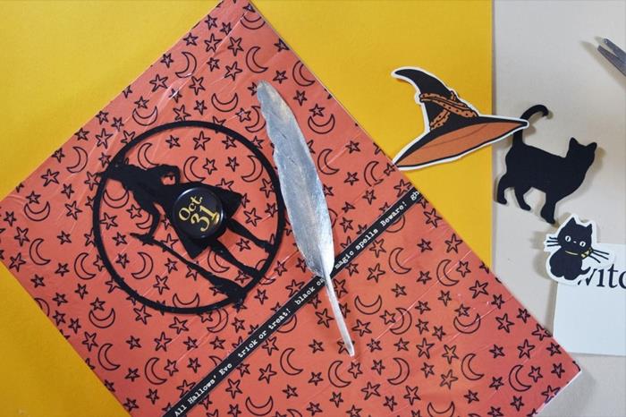 halloween inbjudningskort diy kortpapper scrapbooking mönster stjärnor och månfjäder silverpapper kattfigurpapper