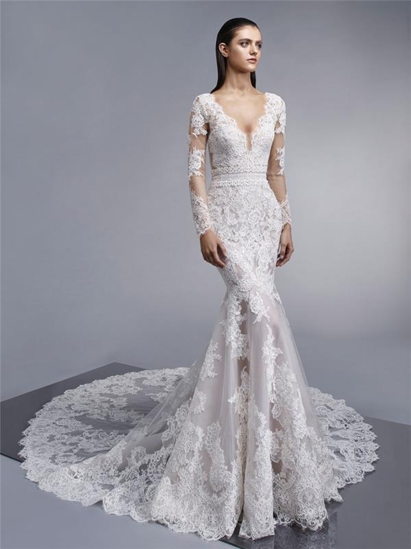 نموذج فستان الزفاف بأكمام من الدانتيل مع خط رقبة متدلي وقطار طويل ، ما هي المواد اللازمة لفستان الزفاف الأنيق