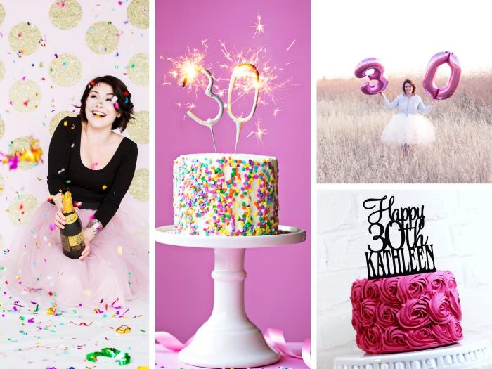 30 -årig kvinna födelsedag fotobooth idé med en väggdekoration i rosa och gyllene glitter, konfetti tårta med bengaliska lampor nummer