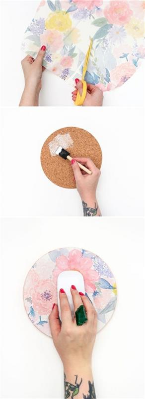 Base per mousse con un cerchio di sughero ricoperto con della carta adesiva colorata