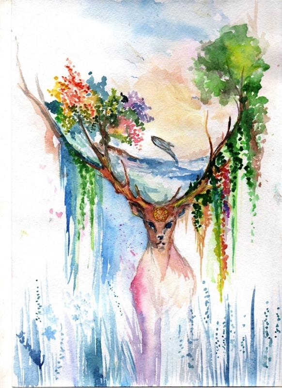 enkel abstrakt målning som visar ett rådjur med blommande horn, original akvarellkonst med flera färgtekniker