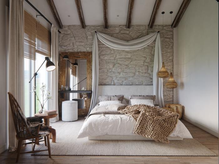 design sovrumsmodell med vitt tak med träbjälkar och stenväggar, stor rektangulär spegelmodell med massiv träram
