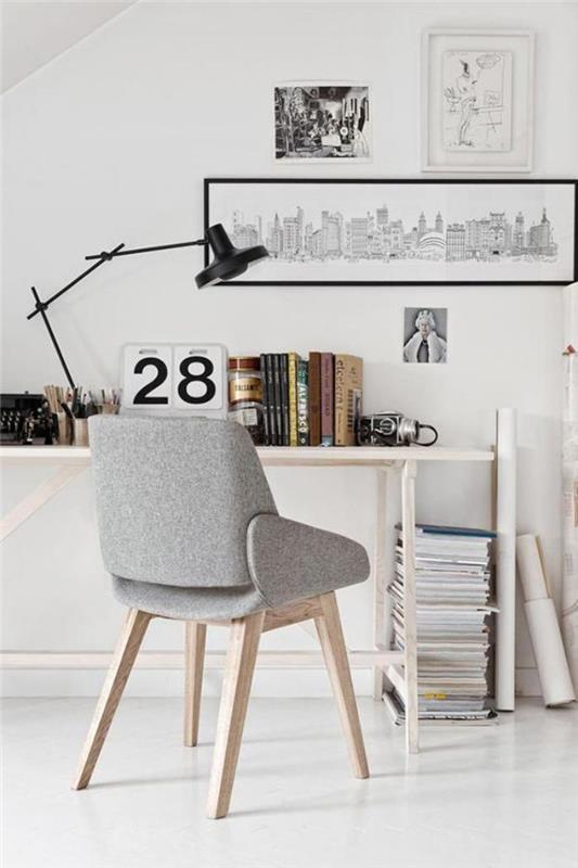 Škandinávska stolička v dreve a šedá kancelária z práce doma
