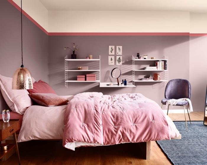 sovrums färgidé, inredning med pastellfärgade väggar, exempel på målningstrend 2019