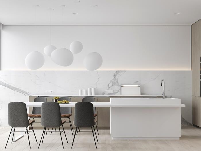 šedé stoličky mramorová závesná lampa biela guľa kuchynský ostrovček moderná biela a sivá
