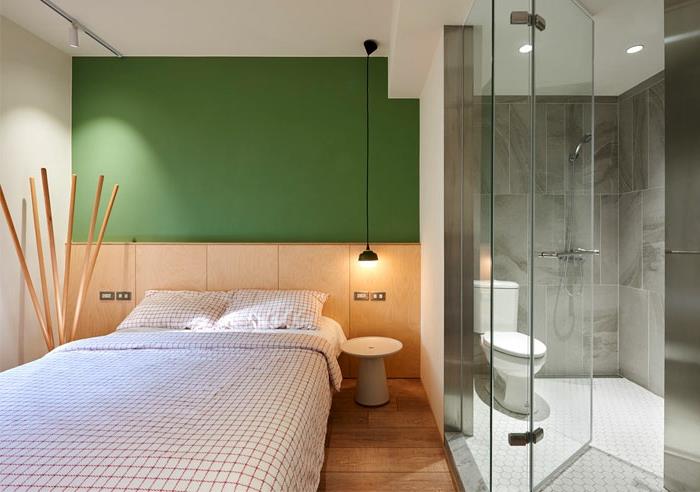 ديكور غرفة نوم على الطراز الآسيوي ، سرير مع ألحفة مفردة ، ديكور ياباني ، حمام باللونين الرمادي والأبيض ، طلاء أخضر وأبيض لغرفة النوم