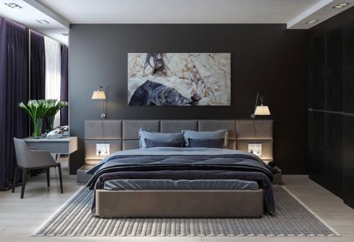 modell master sovrum layout i modern stil med grå väggar och undertak, king size -säng modell med grå sänggavel
