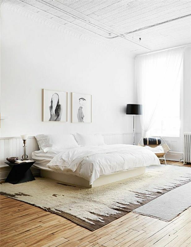 ريفي-نمط-غرفة نوم-بيج-سرير-سرير-طاولة جانبية-جدار أبيض