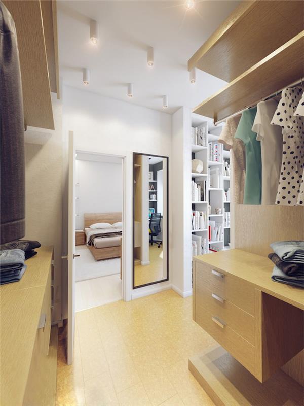 Liten inbyggd garderob, sovrum och omklädningsrum för kläder, vitt sovrum inrett i beige