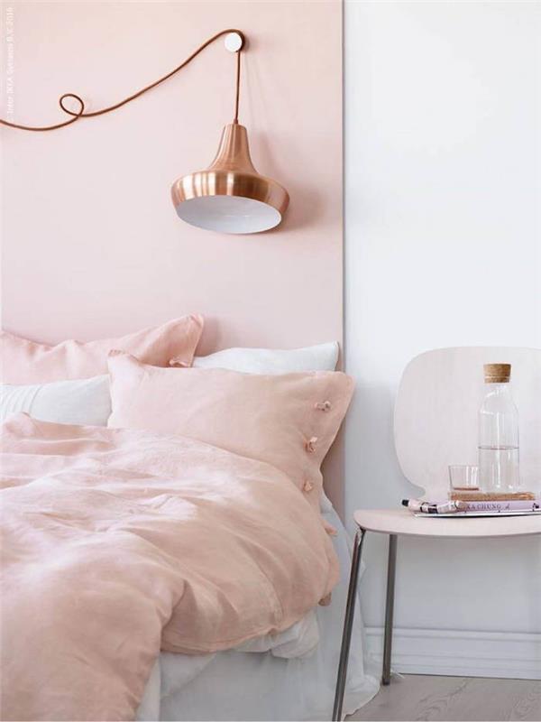 Najkrajšia biela a biela spálňová prášková ružová farba moderného dizajnu ružová a biela stena a posteľ