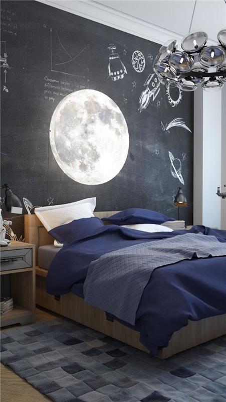 غرفة أطفال صغيرة ، ملصق حائط بتصميم القمر ، ثريا معدنية على الطراز الصناعي