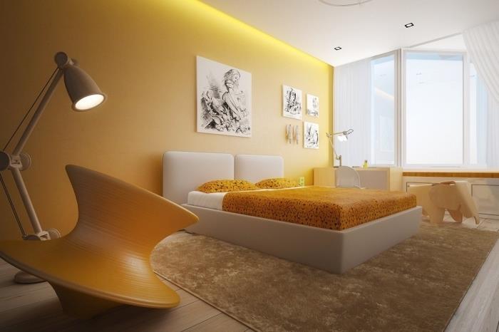 moderna sovrums väggfärger, trendig tvåfärgad färg med gul vägg och vitt tak, gula och vita sovrumsmöbler