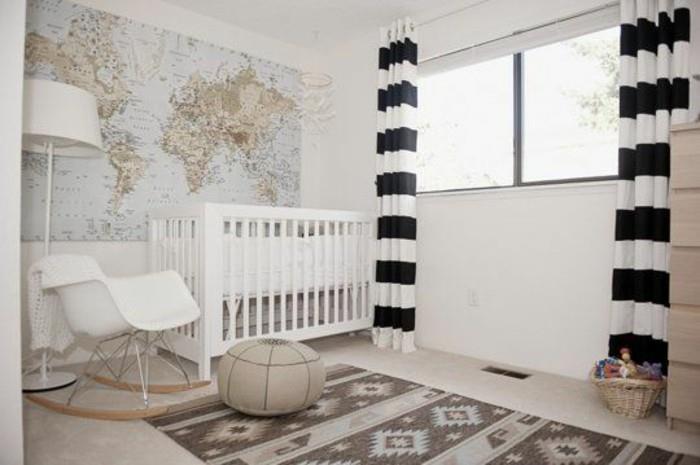 غرفة اطفال-سرير-مشرق-مع-قضبان-سجادة-اسكندنافية-جدارية-خريطة-عالم