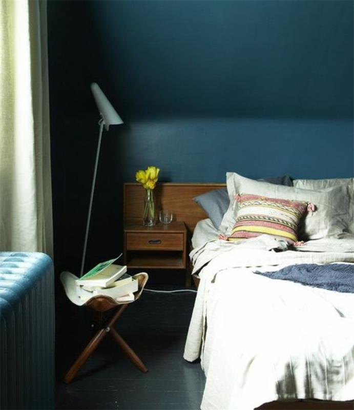 vindsovrum, påfågelblå väggram, benvita sängkläder, mångfärgad kudde, kolgrå parkett, träbord med böcker, benvita gardiner