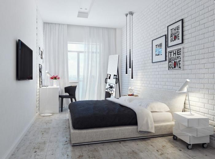 غرفة نوم الوالدين - غرفة نوم - غرفة نوم - بيضاء - جدار من الطوب