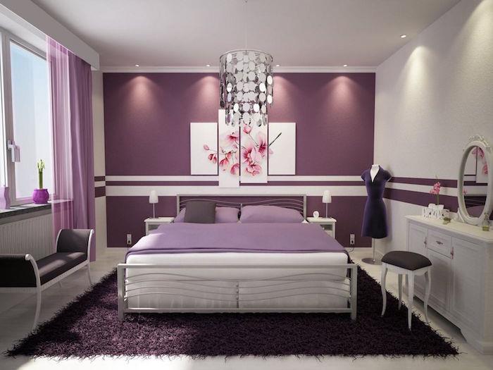 model spálne slivkovej farby, spálňa purpurovej ženy, fialová výzdoba spálne