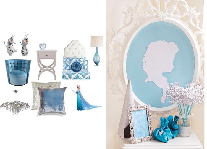 figúrka snehovej kráľovnej, fotorámik s vintage dizajnom, ozdobný vankúš zo zamatu v modrej a béžovej farbe, modré kreslo s gombíkom na chrbte