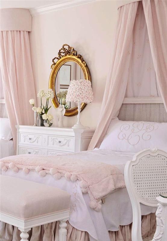 feminin sovrumsdekoration med ljusrosa väggar, sänglampa modell med små rosor design