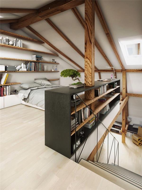 exempel på en vindsplanering till ett modernt vardagsrum, ett vindsovrum med öppna vägghyllor som täcker hela väggen och en liten bokhylla som fungerar som en rumsdelare