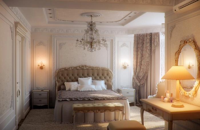 romantisk inredning i sovrummet, barockspegel, lampskärm, bäddsoffa, barock sänggavel