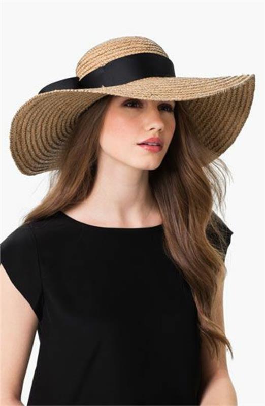 slamený klobúk-béžovo-čierne-šaty-žena-móda