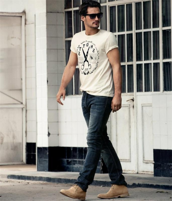 exempel hur man klär sig bra man med vit t-shirt och mörka jeans bärda med beige skor och svarta glasögon
