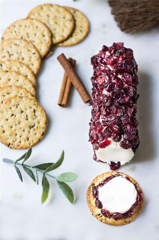 vegetariska aptitretare fingermat, bakad ost, täckt med tranbär, kex på sidan