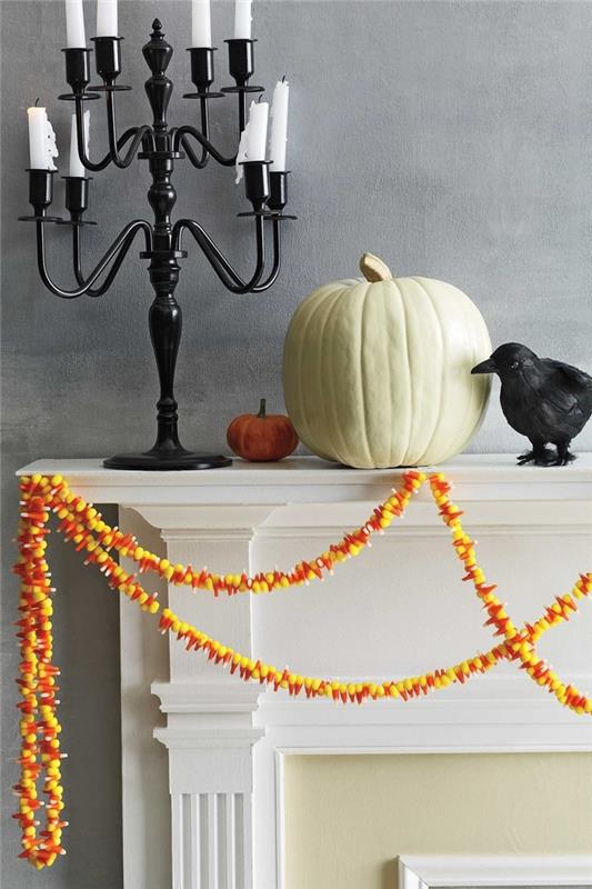 biely krb sivá farba na stenu čierna držiak na sviečku halloween dekor DIY biela tekvicová girlanda