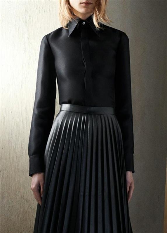 svart skjorta-kvinna-mid-längd-kjol-svart-kvinna-svart-skjorta-kvinna