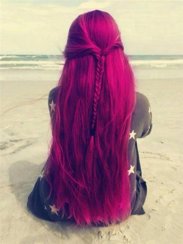 långt hår-vackert-fläta-färg-hår-rött-hallon