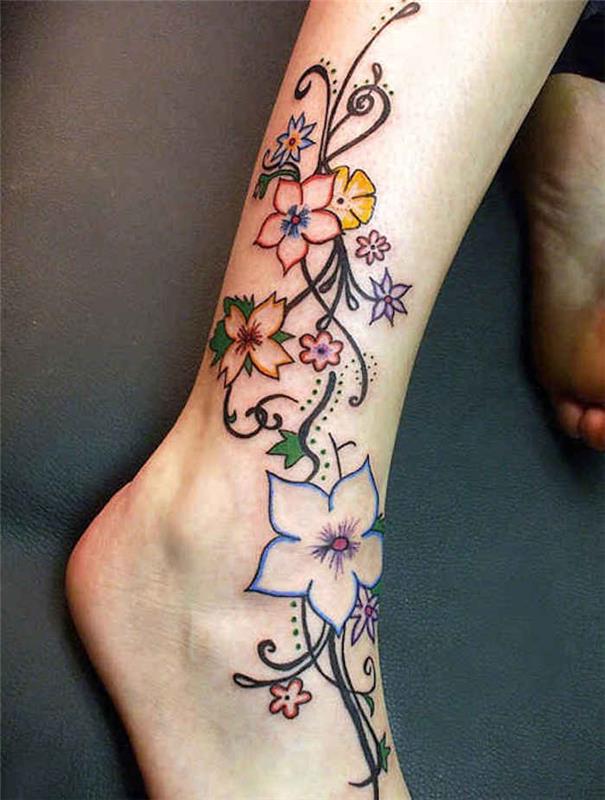 tetovanie na nohe členok kytica kvetov na nohe ako myšlienka farebného tetovania