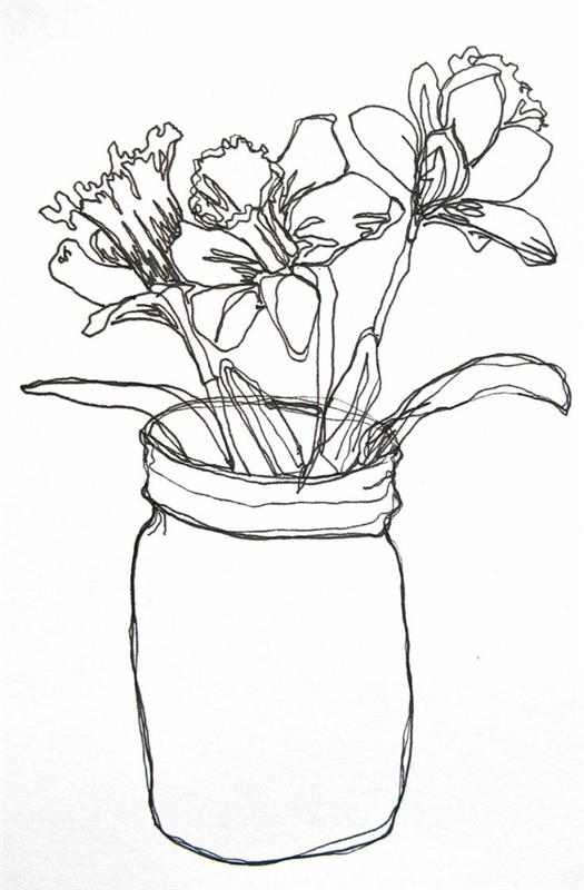 Vacker abstrakt svartvitt teckning svartvitt teckning liggande ritning vas med blommor en rad