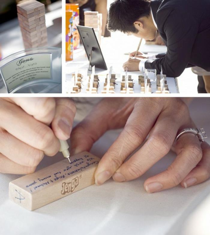 Svadobný stôl nápad kniha návštev diy scrapbooking originálne svadobné znamenie Jenga a zanechajte želanie