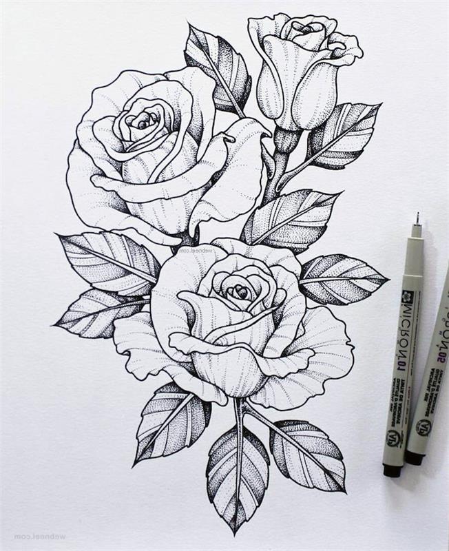 Kresba ružových kvetov krásna v kompozícii ideálnej na tetovanie, kresbu čiernobielych kvetov krok za krokom