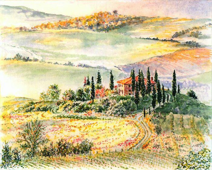 Fantastisk förmåga att rita, papper och blyertsteckning lätt att göra och vacker, Toscana landskapsteckning