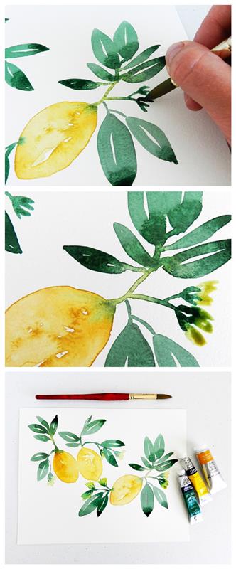 akvarellhandledning för att lära dig att göra en gren av citroner, idé för en konst inramad i akvarell lätt att göra själv