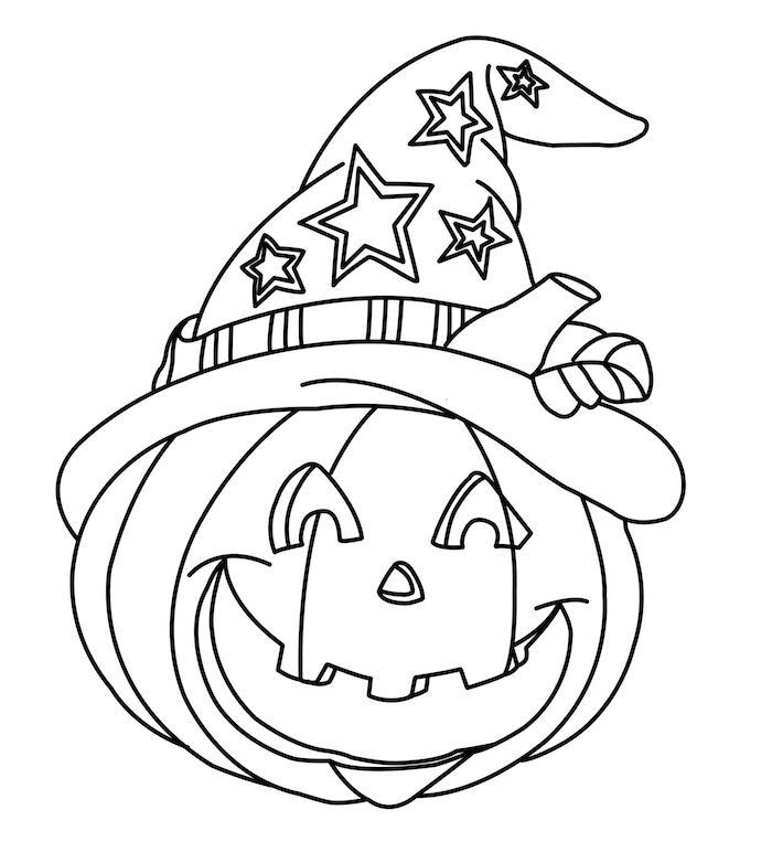 enkel halloween -teckning av leende pumpa med hatt för färgning