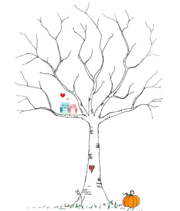 رسم بالأبيض والأسود مع طيور زوجين بألوان وقلب أحمر صغير على الجذع لوخز هدية تذكارية للزفاف