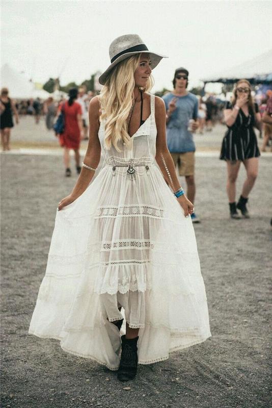 فستان هيبي من الدانتيل الأنيق من Coachella ، فستان طويل بوهيمي ، صورة ملهمة لامرأة شقراء في مهرجان الموسيقى
