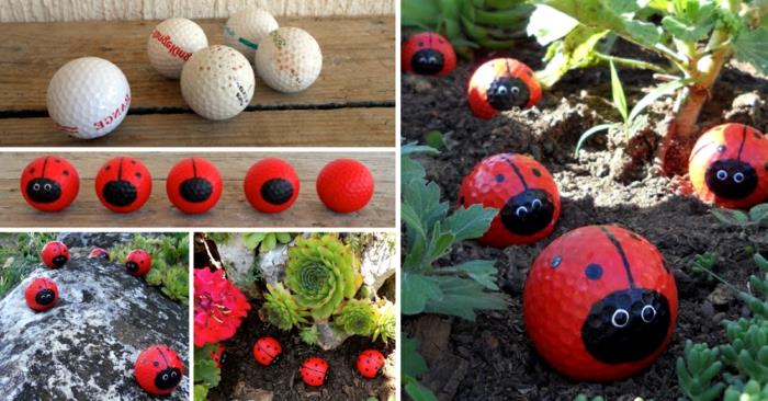 trädgårdsdekoration med nyckelpigor i aseballbollar, måla små bollar som nyckelpigor