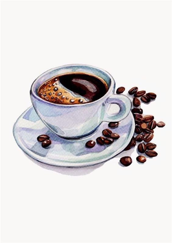 stopovacia kresba, šálka kávy, kávové zrná, biele pozadie