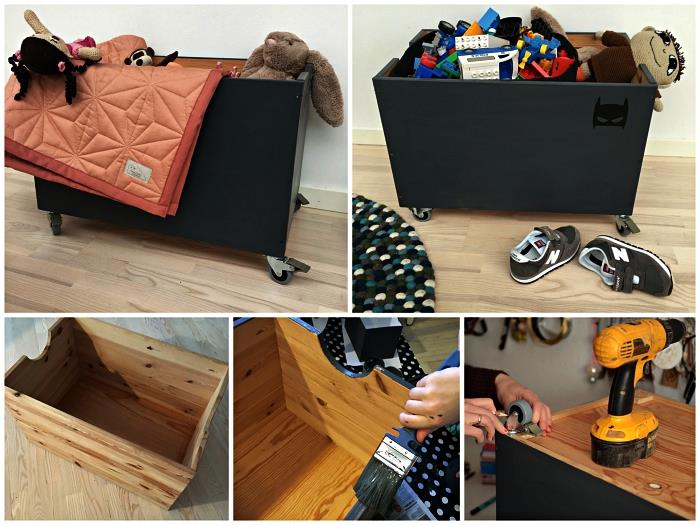 sivý lakovaný drevený úložný box na kolieskach do detskej izby, úložný box z bridlice na prispôsobenie