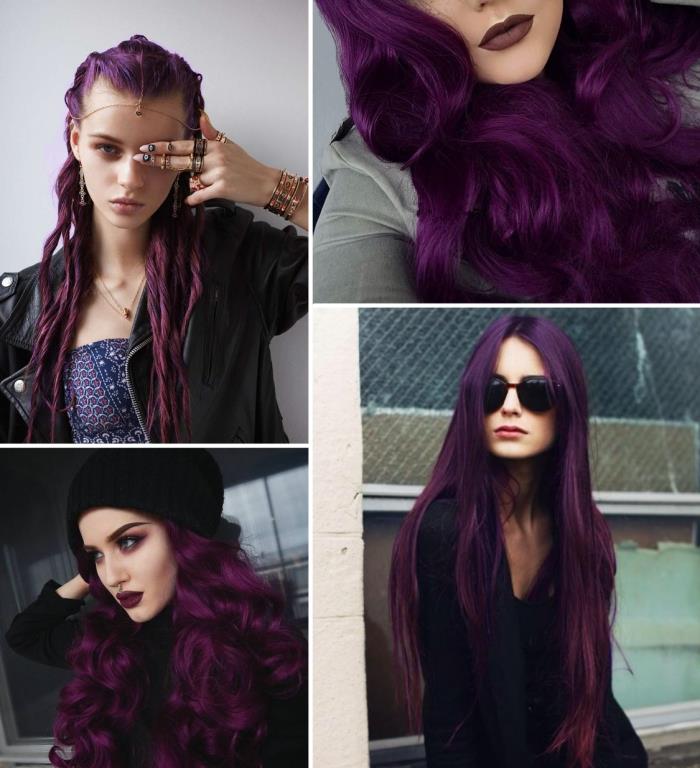 ung flicka med lila hår bundna med färgglada dreadlocks, mörk smink med matt vinrött läppstift och bruna ögonskuggor