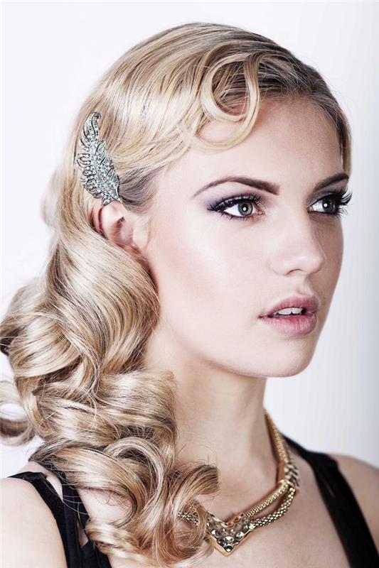 20s frisyr blond kvinna hår lockar brosch huvud