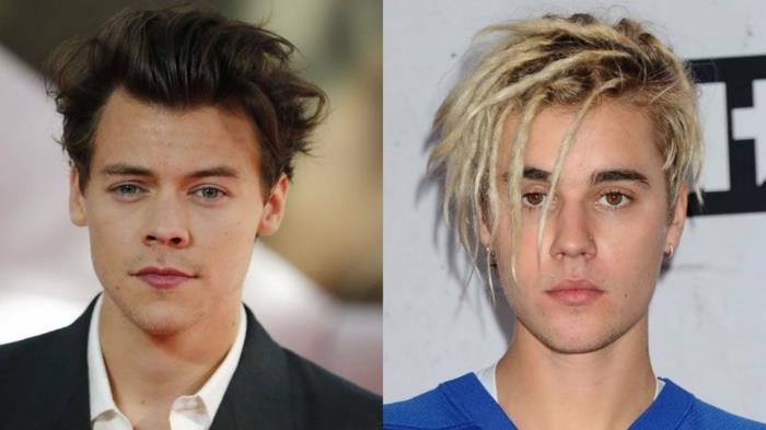 Harry Styles e kostým, biela košeľa, chlapčenský strih, strapatá ofina, Justin Bieber