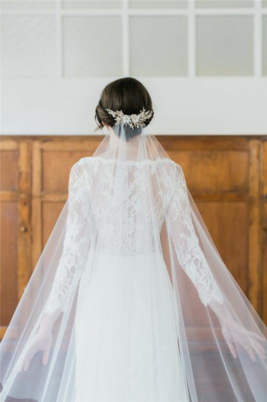 elegantné čipkované svadobné šaty s dlhým rukávom, ako nosiť svadobný závoj